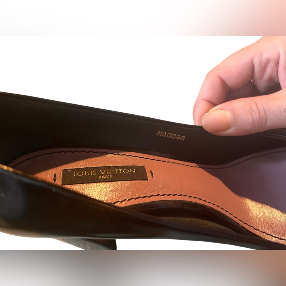 Louis Vuitton Black Peep-Toe Heels with Gold Accents - Picture 5 of 13